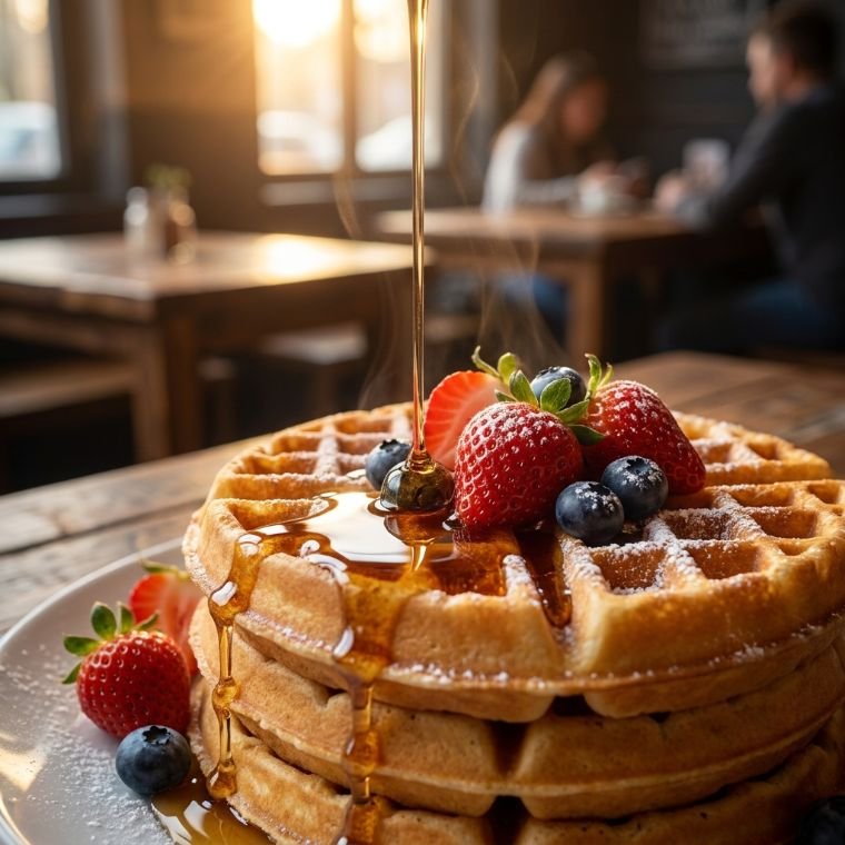 Golden Belgian waffles with berries and syrup